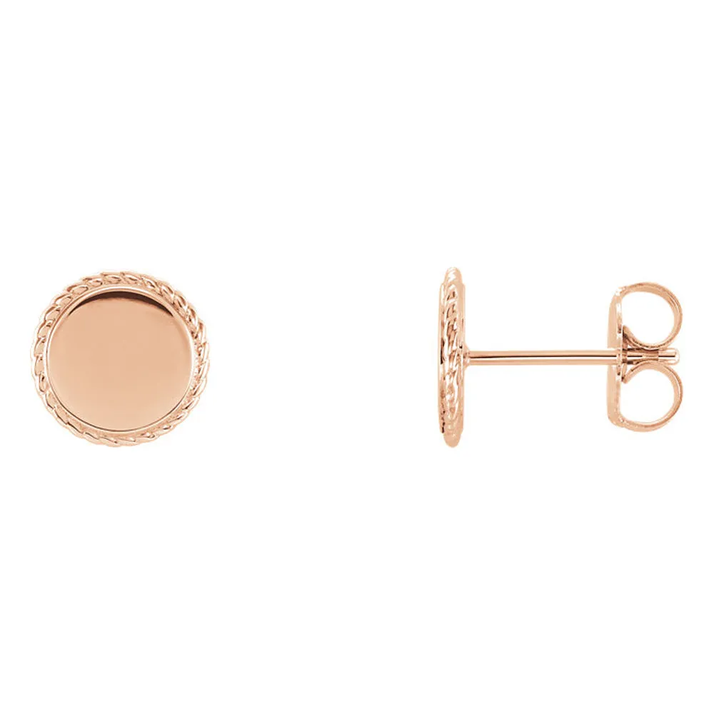8mm (5/16 Inch) 14k Rose Gold Engravable Rope Edge Circle Earrings