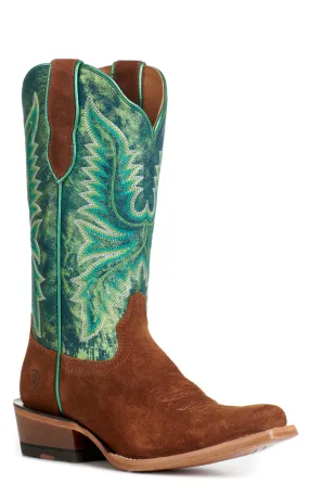 Ariat Women's Futurity Flash Brown Roughout and Metallic Green Punchy Square Toe Cowboy Boots