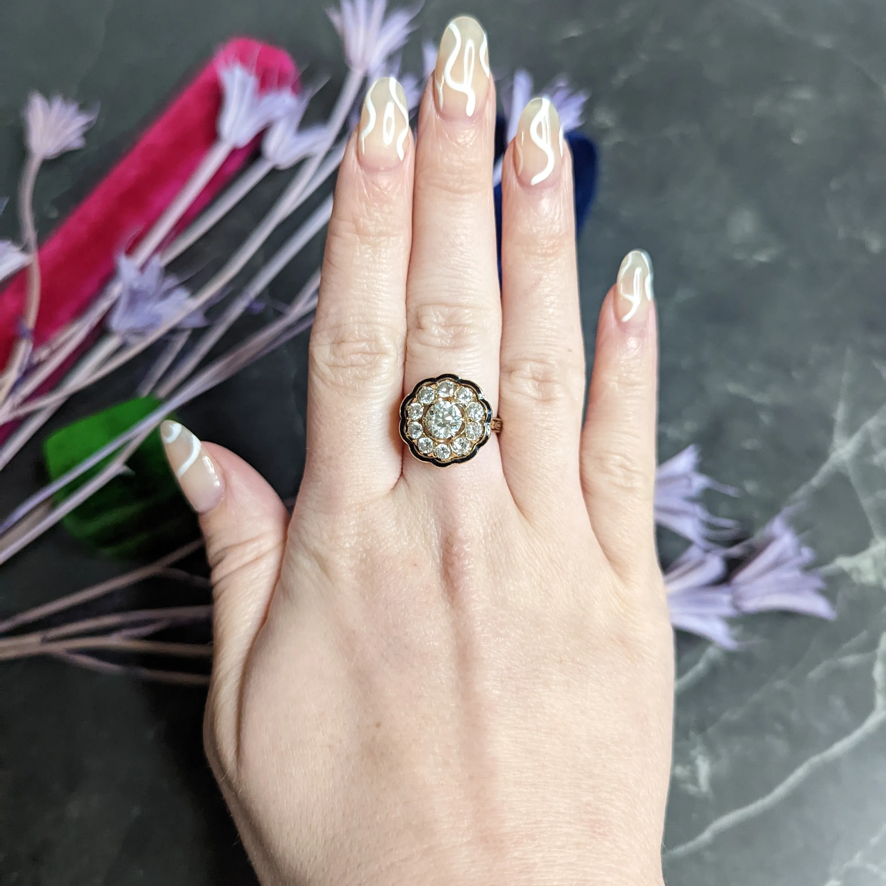 Art Deco Enamel 2.20 CTW Diamond 14 Karat Gold Cluster Ring