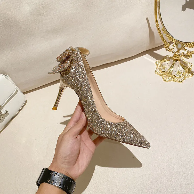 Bout pointu Talon haut Paillettes avec nœud papillon Chaussures de soirée pour femmes