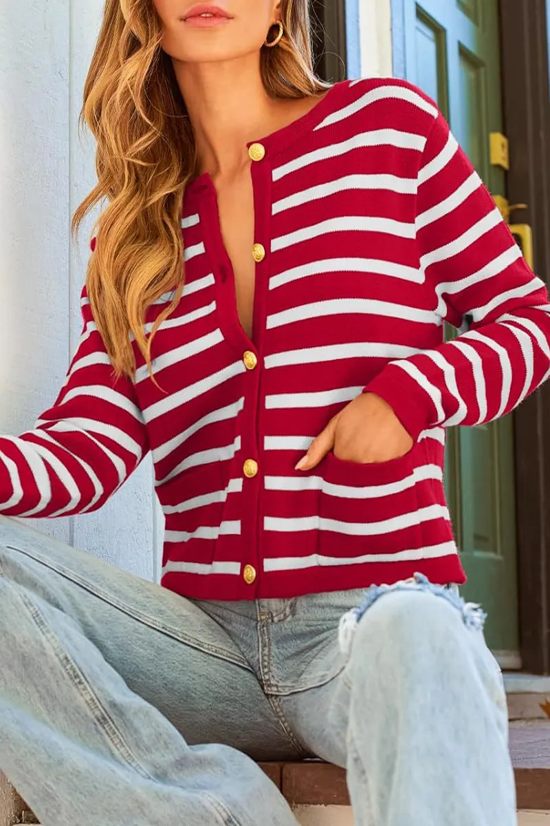 Casual Daily Stripe Buttons Weave O Neck Outerwear(8 Colors)