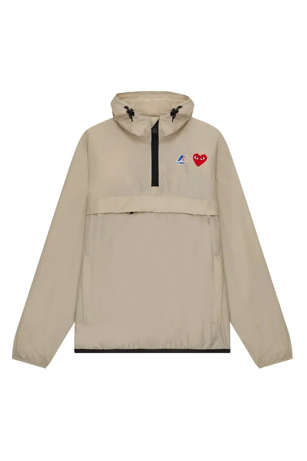 COMME des GARÇONS PLAY   K-WAY HOODIE HALF ZIP IN BEIGE
