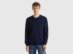 Dark blue crew neck sweater in pure Merino wool - Dark Blue | Benetton