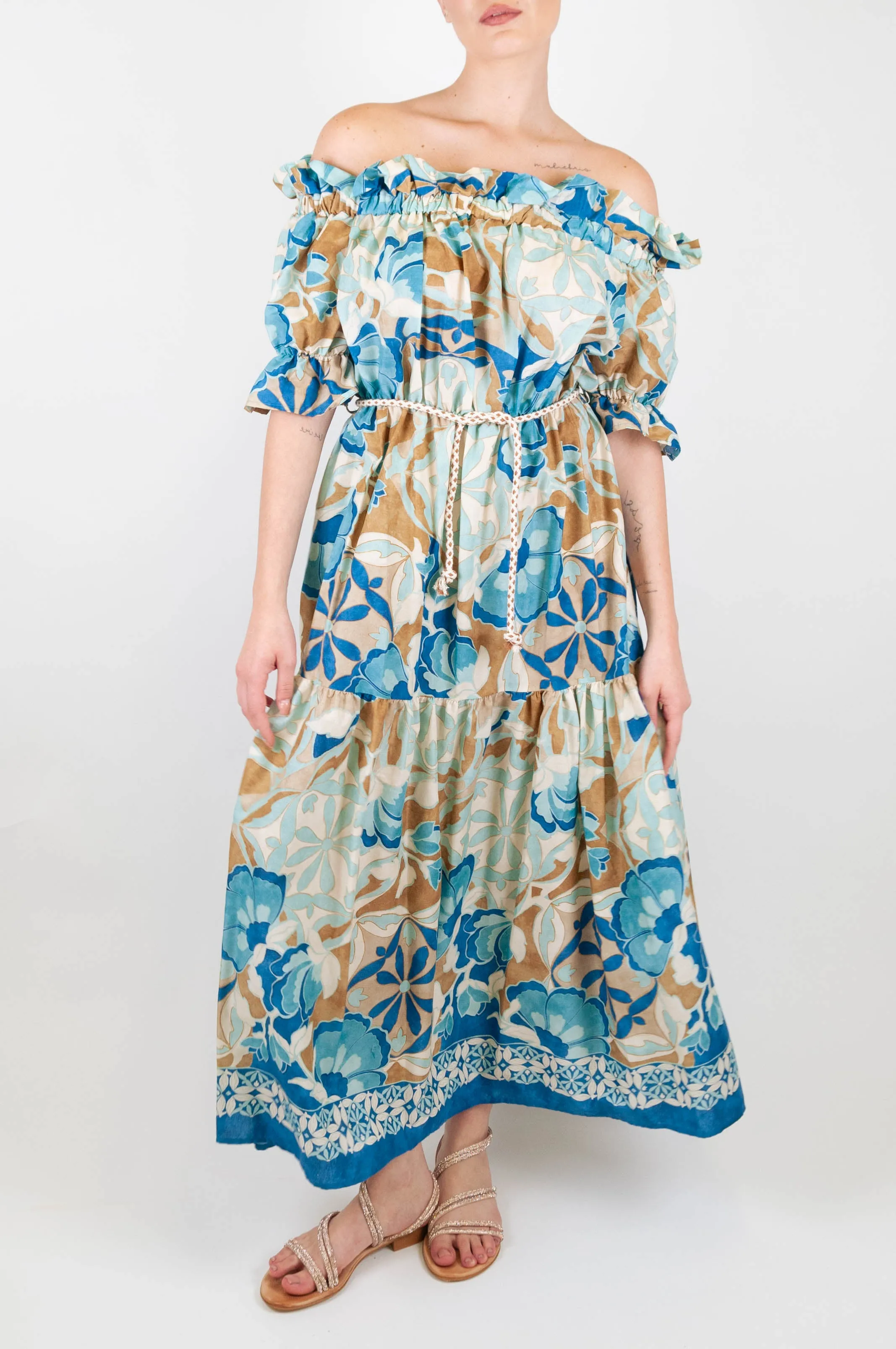 Dixie - Abito lungo fantasia floreale con scollo shiffer e balze