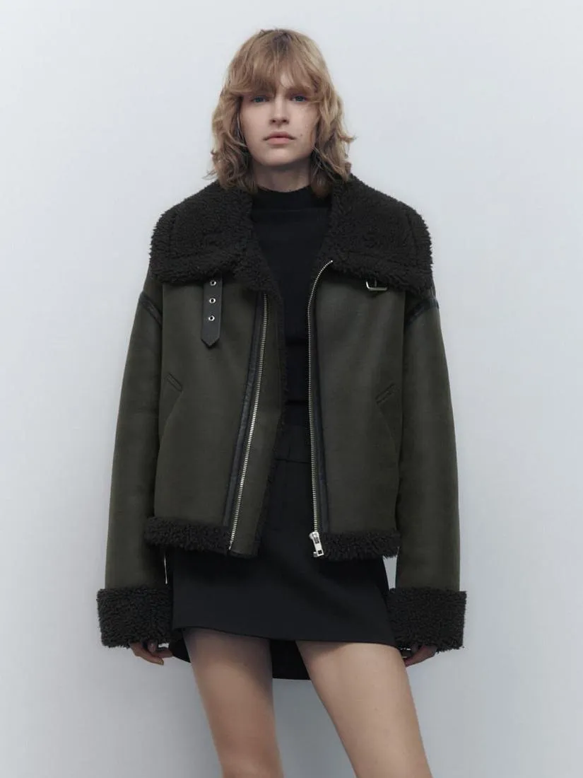 Double Faced Jacket Dark Green Moto Jacket For Women Winter Outerwear