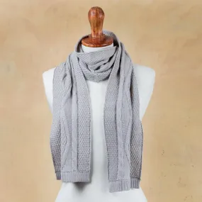 Dove Grey Braid Knitted Unisex Scarf in Dove Grey 100% Alpaca from Peru