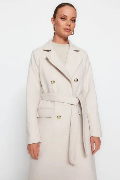 Fitted Belted Buttoned Long Coat