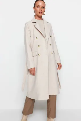 Fitted Belted Buttoned Long Coat