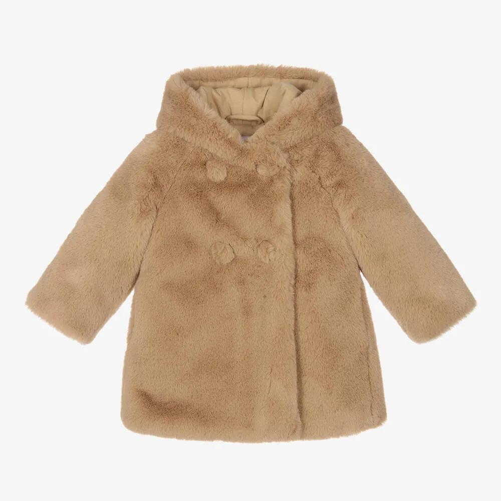 Girls Beige Faux Fur Coat