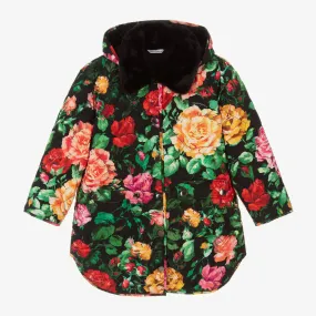 Girls Black Floral Quilted Coat