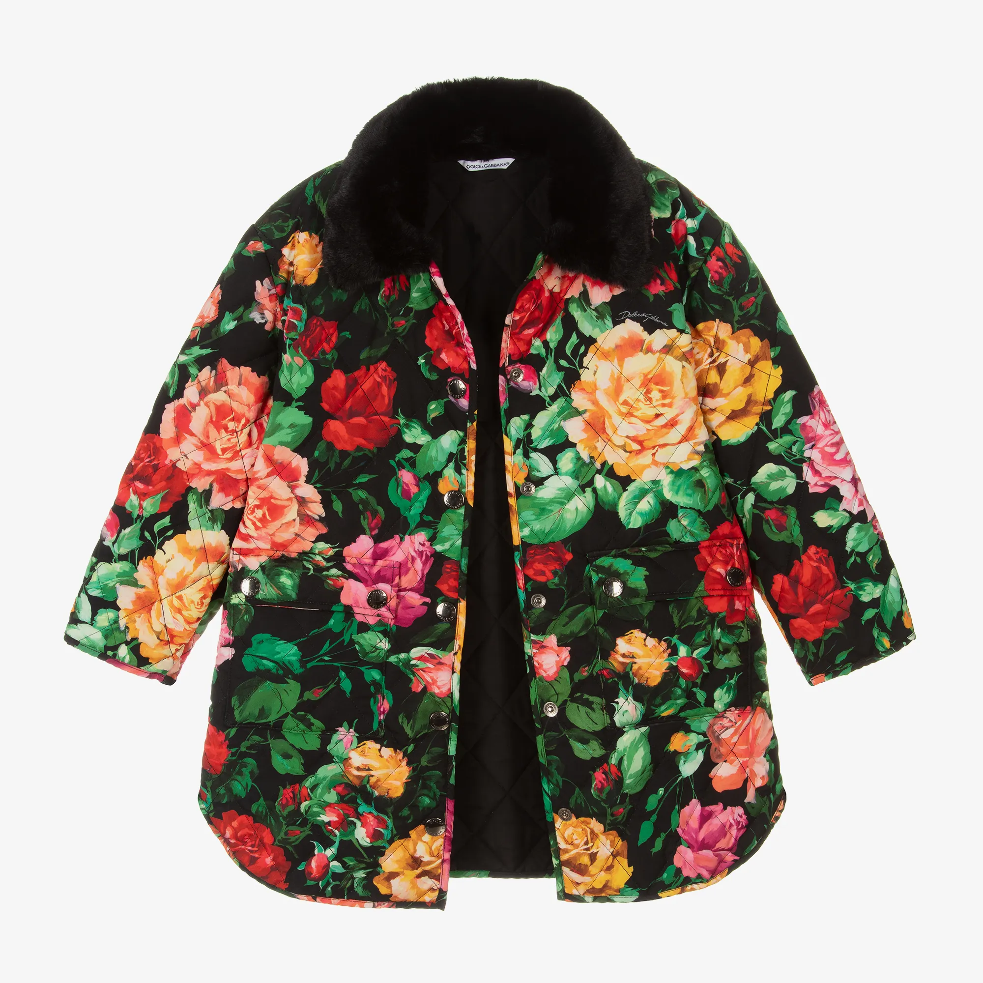 Girls Black Floral Quilted Coat