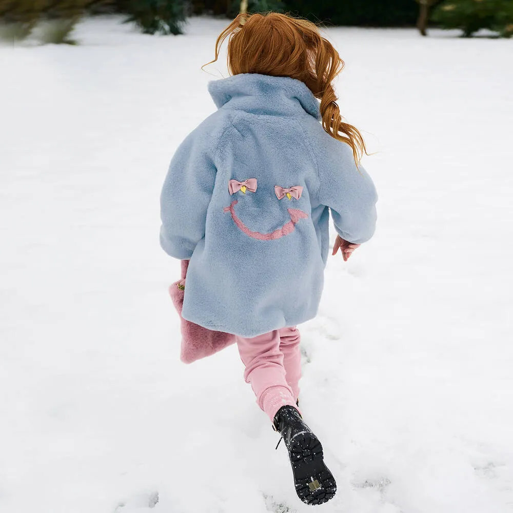 Girls Blue Faux Fur Smiley Face Coat