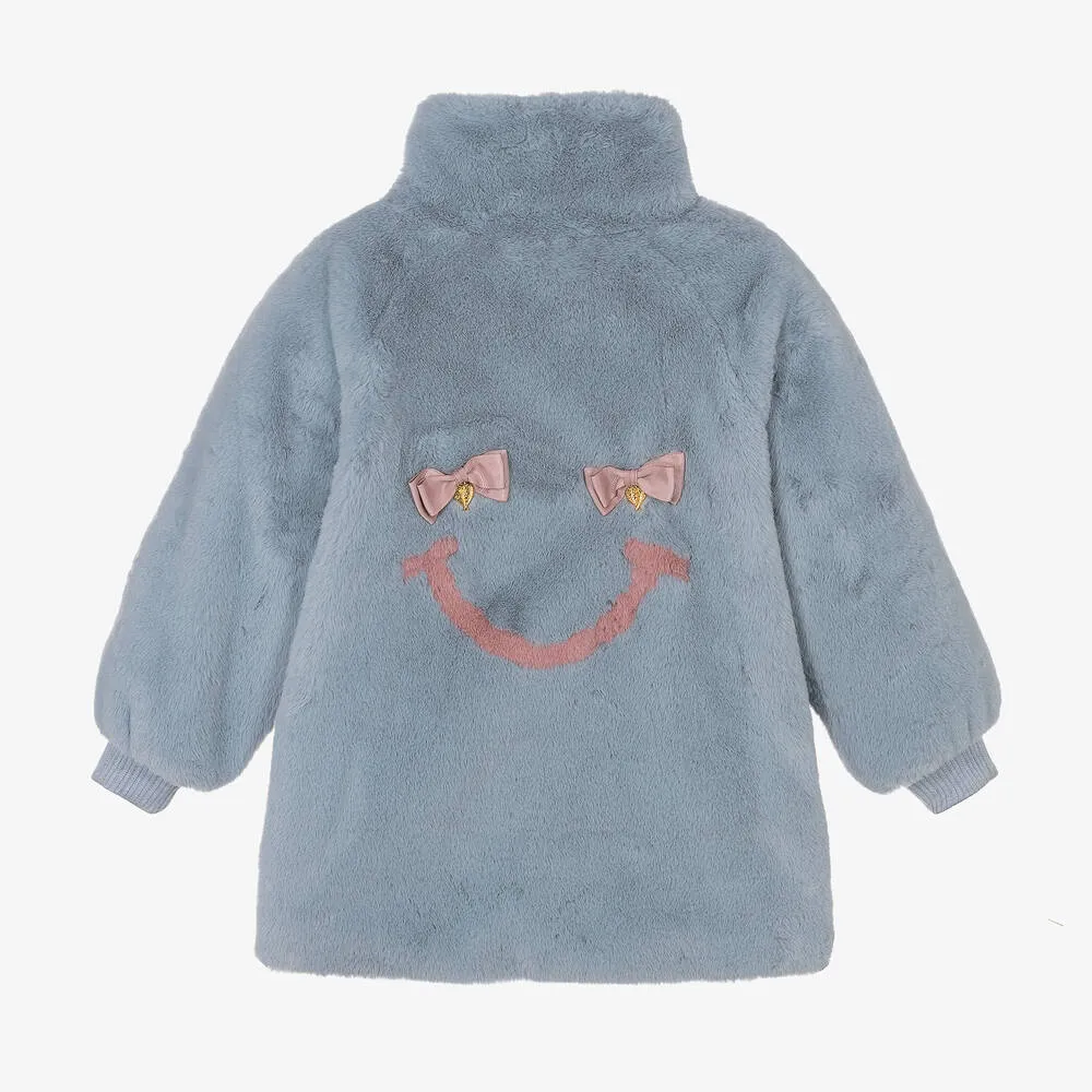 Girls Blue Faux Fur Smiley Face Coat