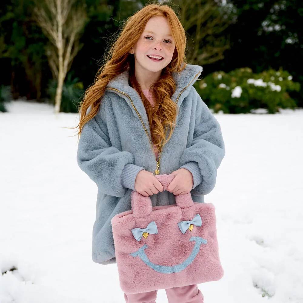 Girls Blue Faux Fur Smiley Face Coat