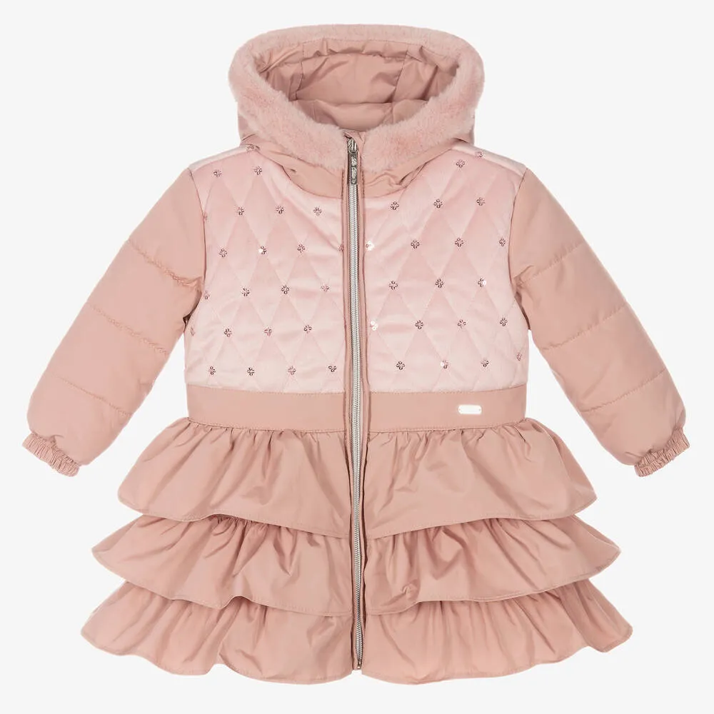 Girls Pink Hooded Ruffle Coat