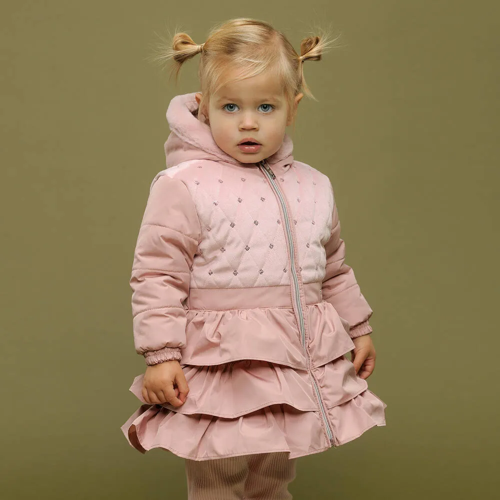 Girls Pink Hooded Ruffle Coat