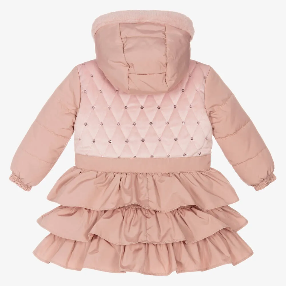 Girls Pink Hooded Ruffle Coat