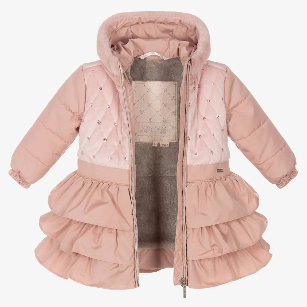 Girls Pink Hooded Ruffle Coat