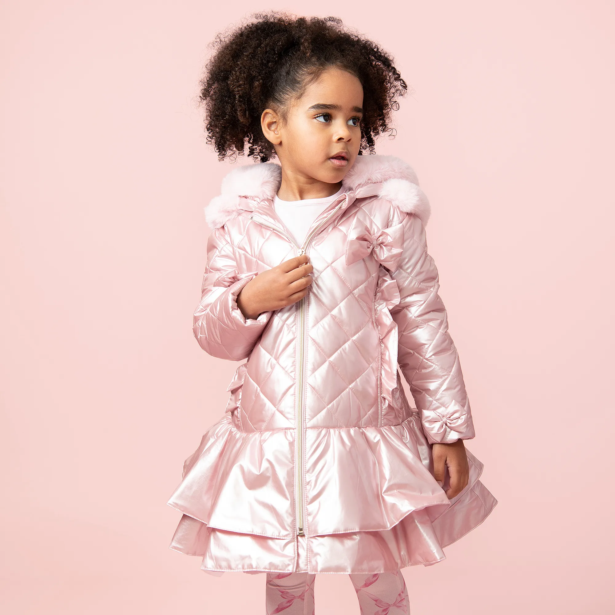 Girls Pink Metallic Quilted Coat