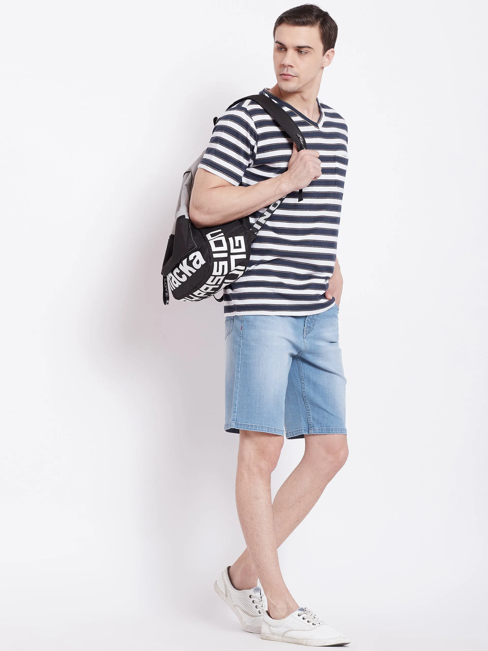 JUMP USA Men Navy Blue Striped V-neck Tshirt