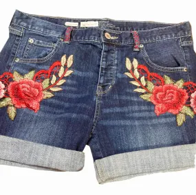 Maggie Devos-Embellished blue denim shorts-red/orange floral-Size 10