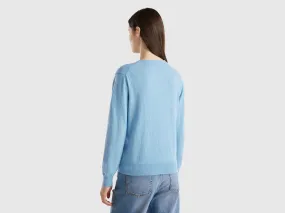 Marl sky blue V-neck sweater in pure Merino wool - Light Blue | Benetton