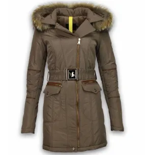 Milan Ferronetti Fur Collar Coat - Women's Winter Coat Long - Oblique Zipper With Stitch Pocket - Beige