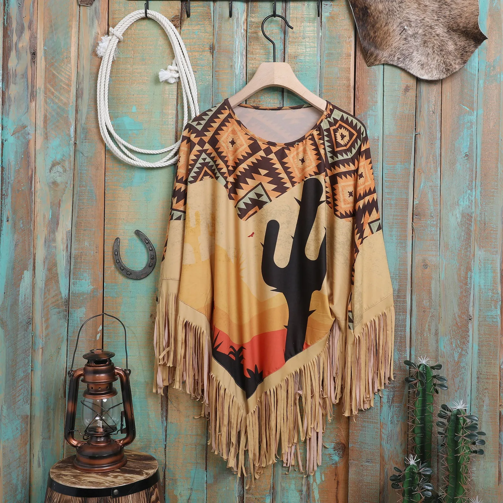 PCH-1723 Montana West Aztec Cactus Fringe Poncho