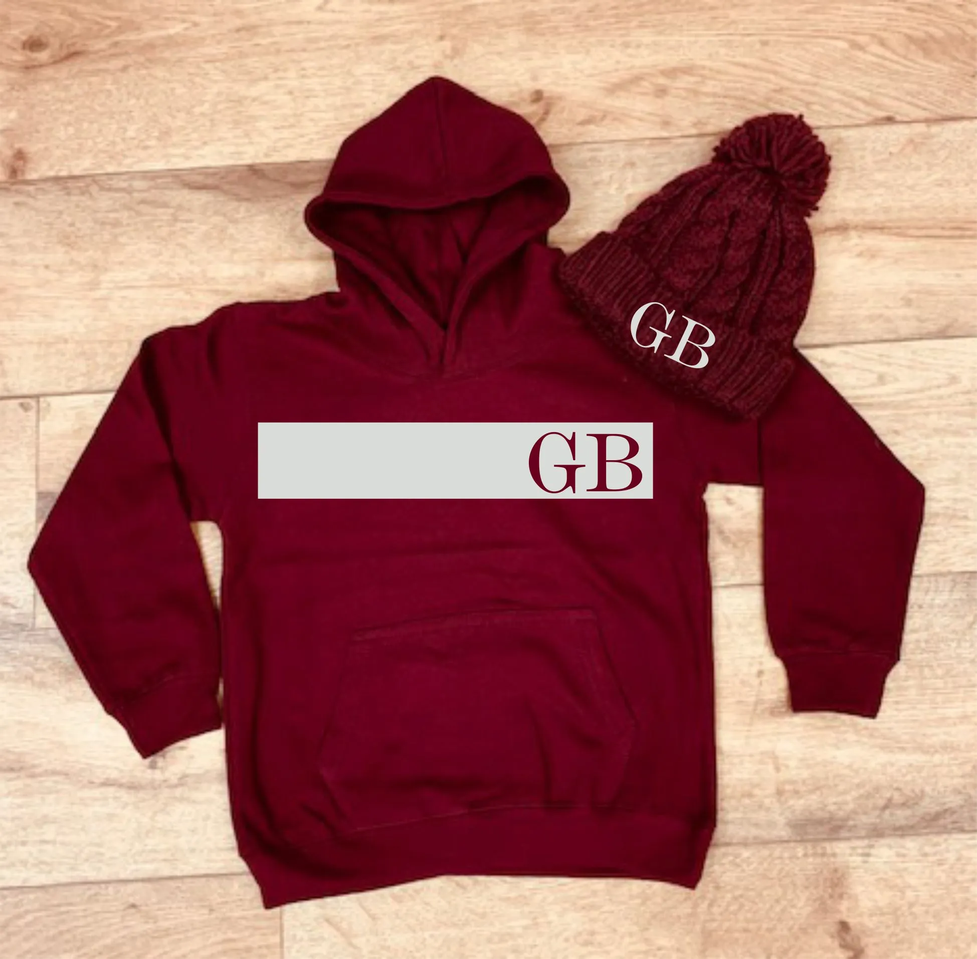 PERSONALISED HOODY & BOBBLE HAT COMBO IN MAROON & MAROON - Superstitch 86