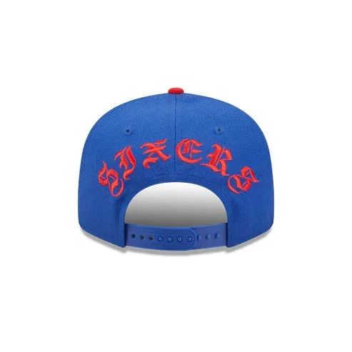 Philadelphia 76ers Red Letter Arch Vintage Green Bottom NBA 9Fifty Snapback Hat | Back Letter Arch Royal Blue 9Fifty