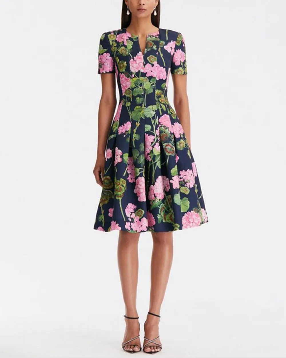 Pink and Navy Geranium Faille Flare Dress