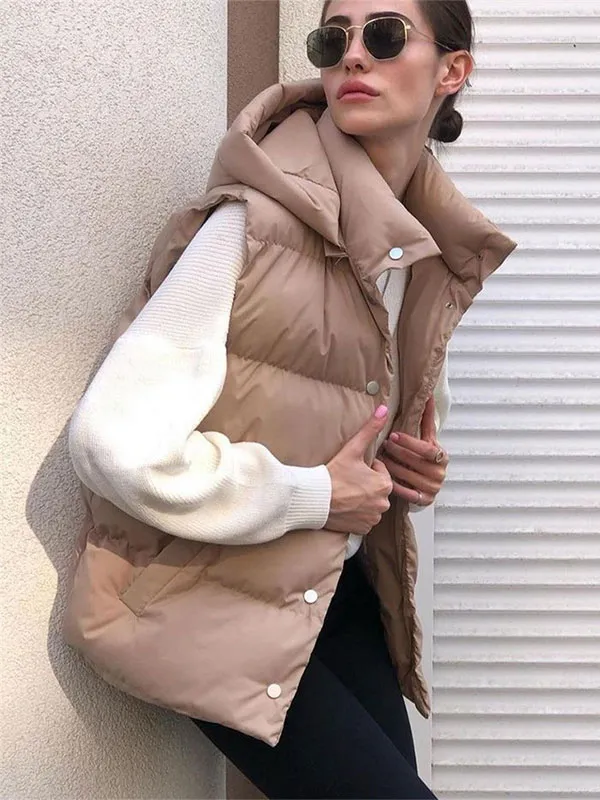 Puffer Vest Hooded Stand Collar Thicken Winter Outerwear 2024