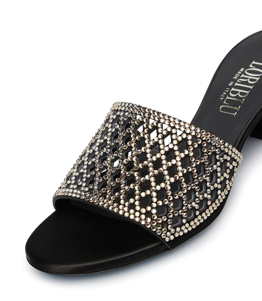 Rhinestoned black suede sandals
