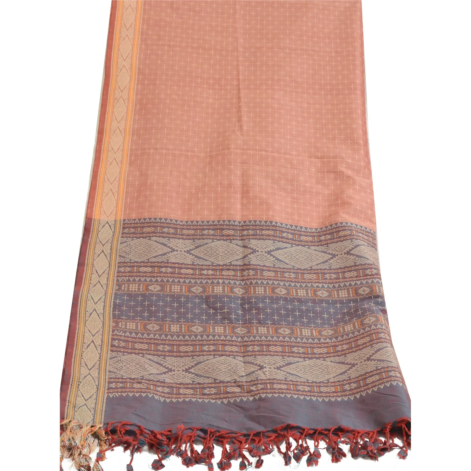 Sanskriti Vintage Long Dupatta Stole Pure Cotton Pink/Grey Hand-Woven Scarves