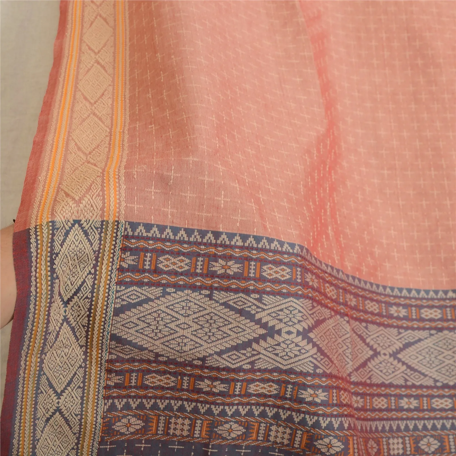 Sanskriti Vintage Long Dupatta Stole Pure Cotton Pink/Grey Hand-Woven Scarves