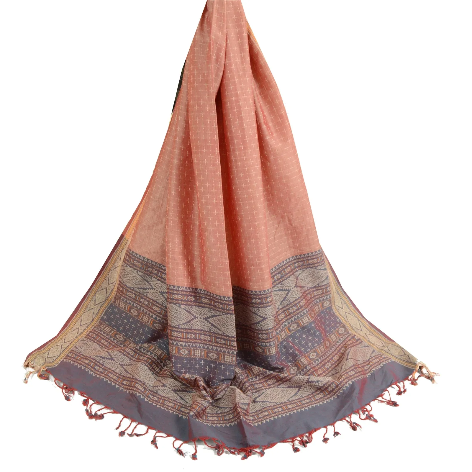 Sanskriti Vintage Long Dupatta Stole Pure Cotton Pink/Grey Hand-Woven Scarves