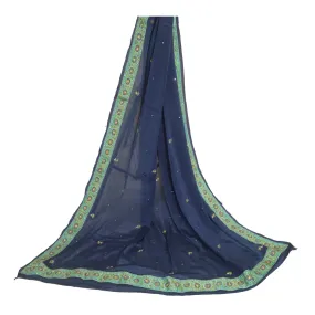 Sanskriti Vintage Long Dupatta Stole Pure Silk Blue Veil Hand Beaded Scarves