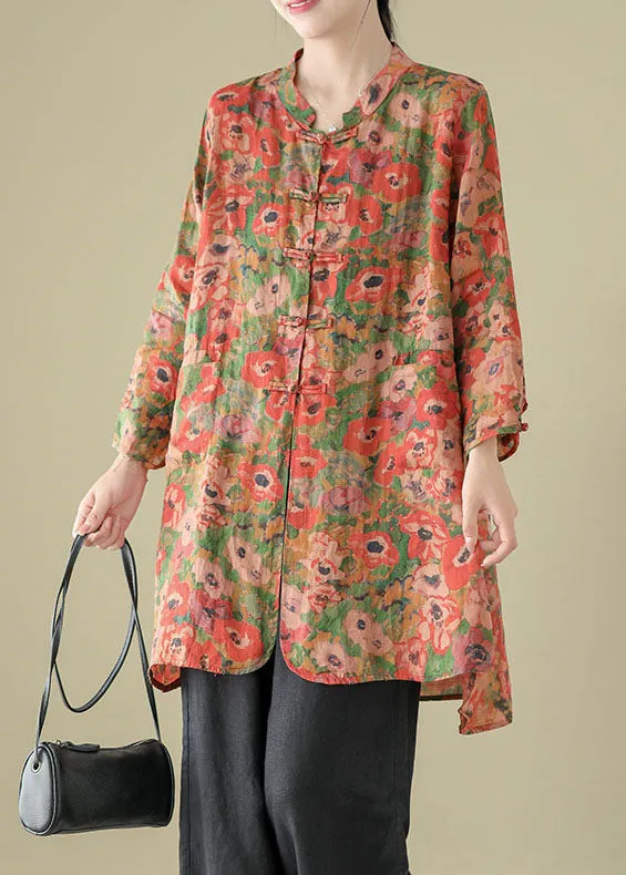 Vintage Stand Collar Chinese Button Print Linen Shirts Coat Long Sleeve